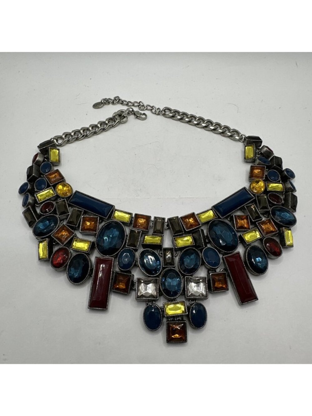ZARA Statement Necklace Vintage Colorful Glass Stones Oversized Necklace 16” 3”E
